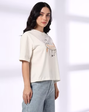 Women Brand Print Boxy Fit Crew-Neck T-Shirt