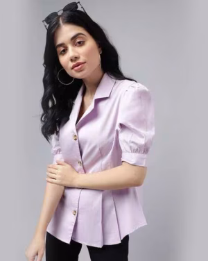 Women Pleated Shirt with Cuban-Collar